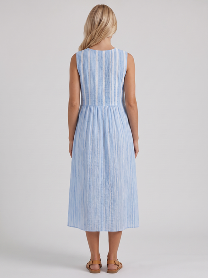 Women blue stripe printed midi dress with round neckline and all over print