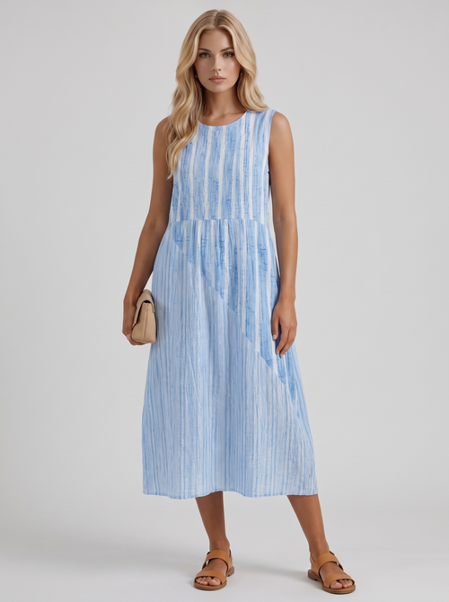 Women blue stripe printed midi dress with round neckline and all over print
