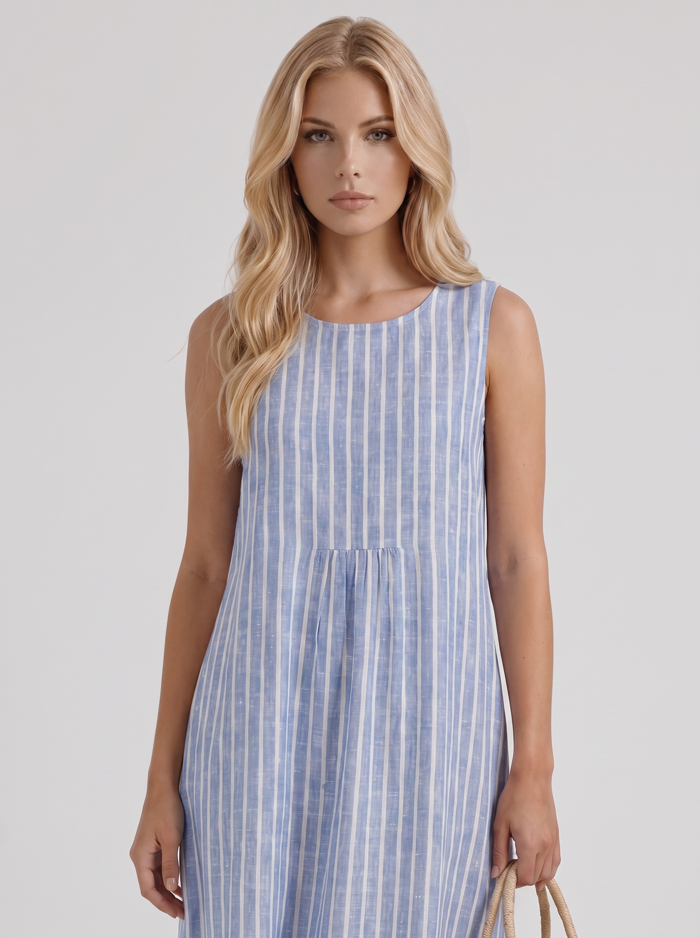 Women light blue stripe printed midi dress with round neckline and all over print