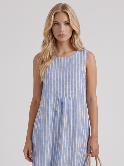 Women light blue stripe printed midi dress with round neckline and all over print