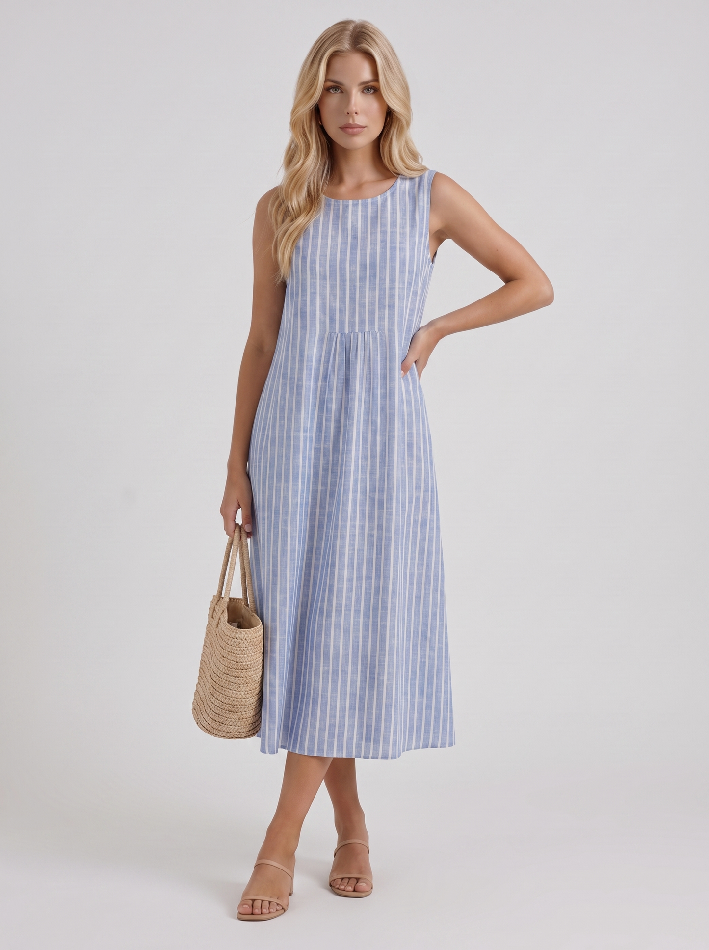 Women light blue stripe printed midi dress with round neckline and all over print
