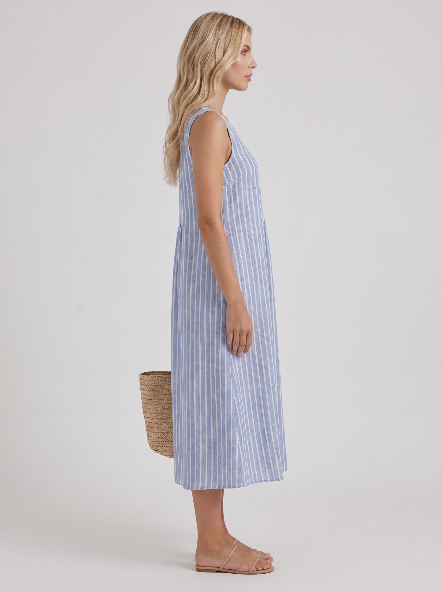 Women light blue stripe printed midi dress with round neckline and all over print
