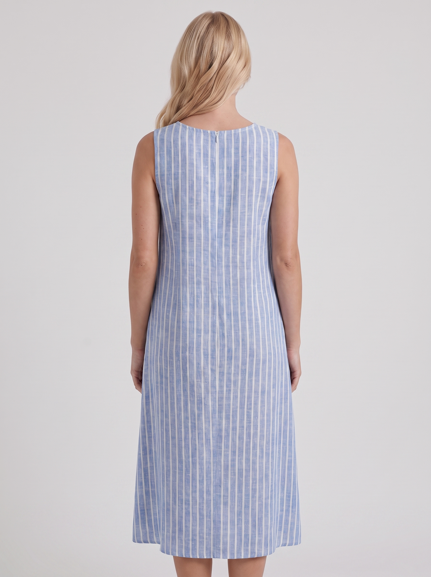 Women light blue stripe printed midi dress with round neckline and all over print