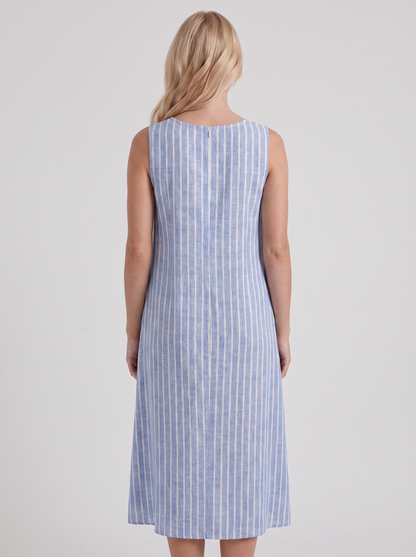 Women light blue stripe printed midi dress with round neckline and all over print