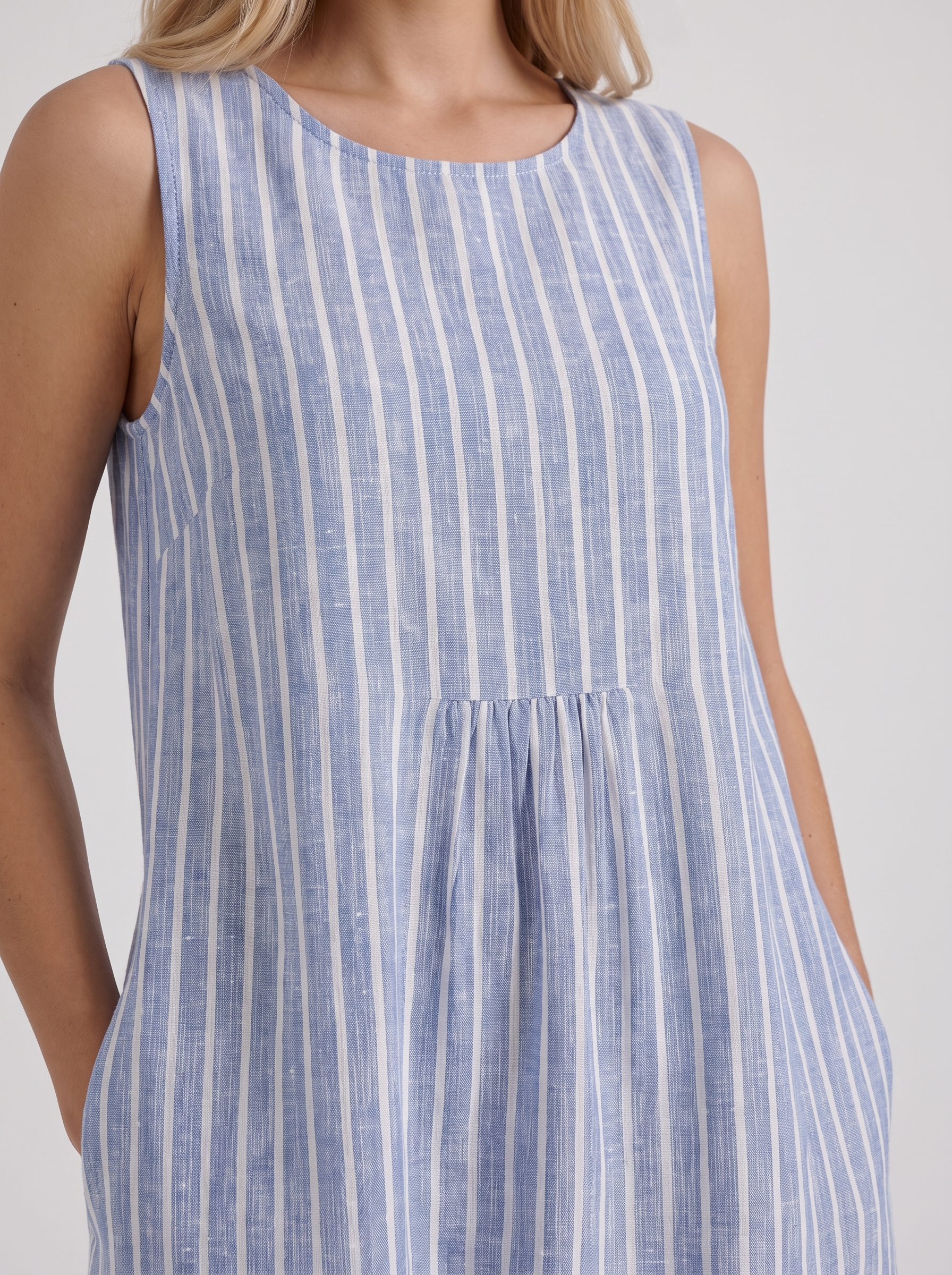 Women light blue stripe printed midi dress with round neckline and all over print