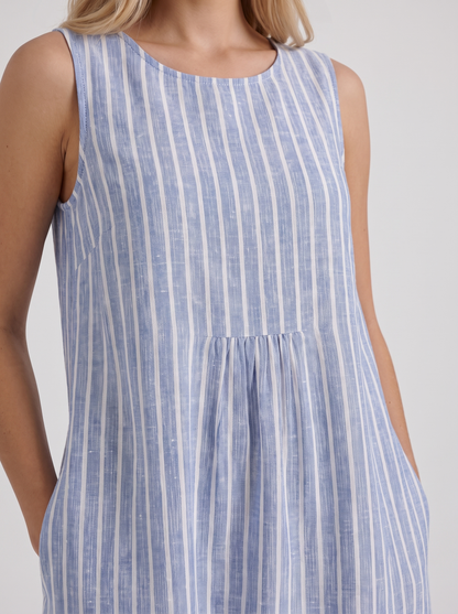 Women light blue stripe printed midi dress with round neckline and all over print