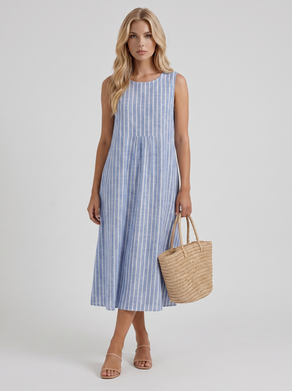 Women light blue stripe printed midi dress with round neckline and all over print