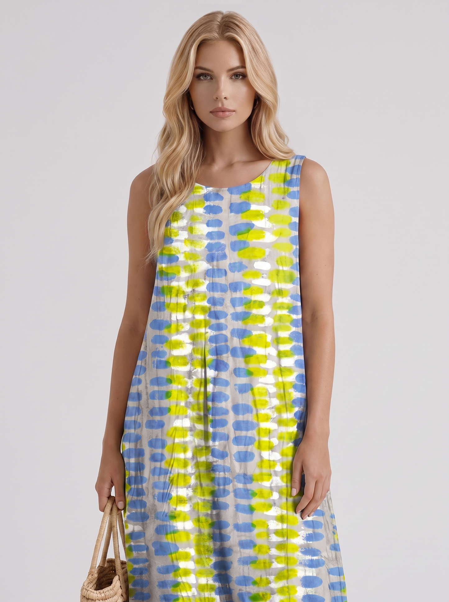 Women multicolor printed midi dress with round neckline and all over print