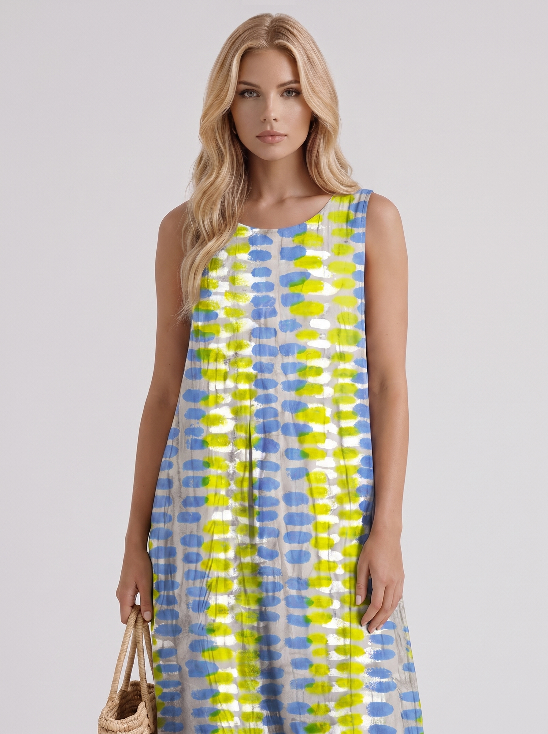 Women multicolor printed midi dress with round neckline and all over print