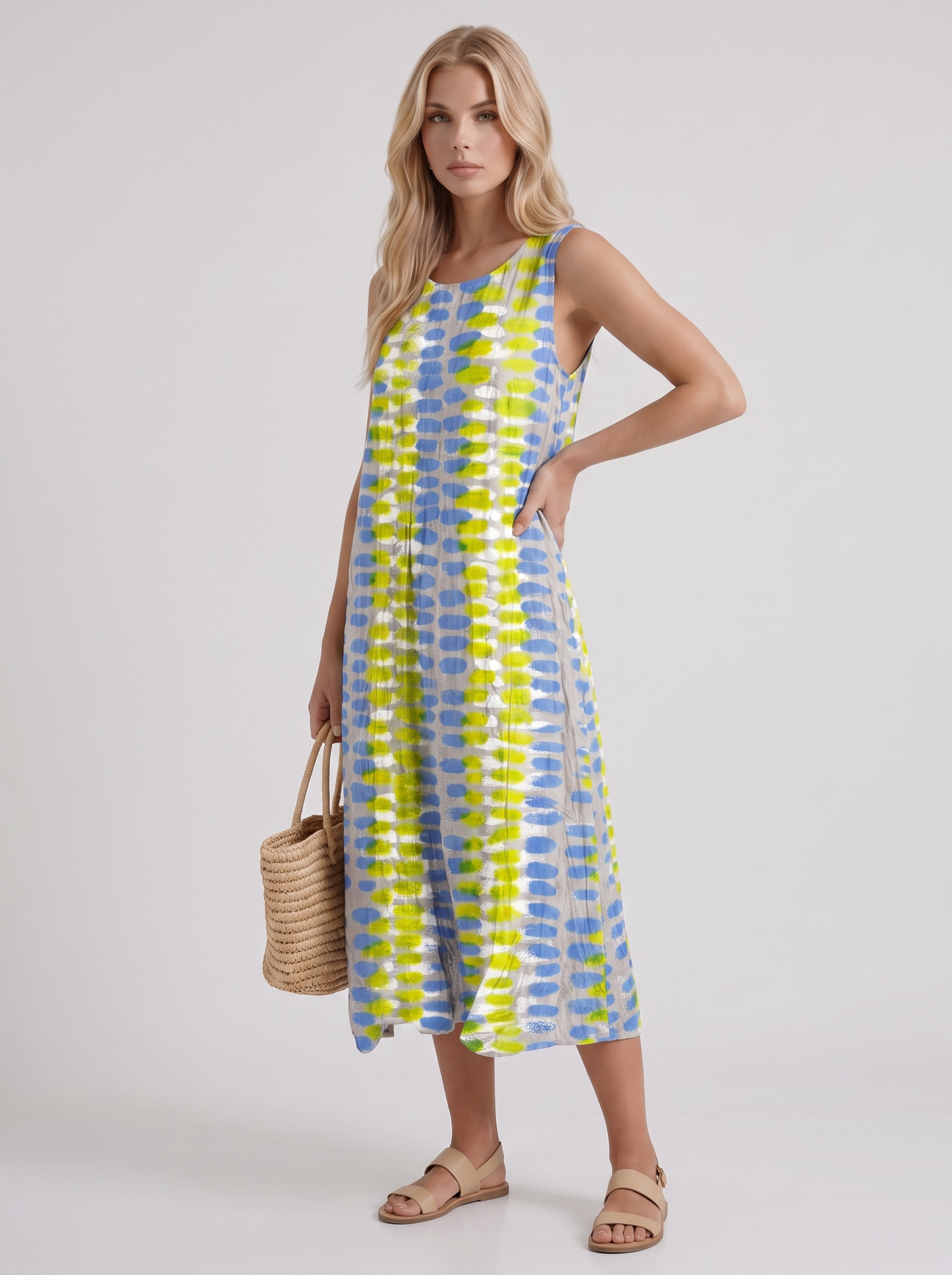 Women multicolor printed midi dress with round neckline and all over print