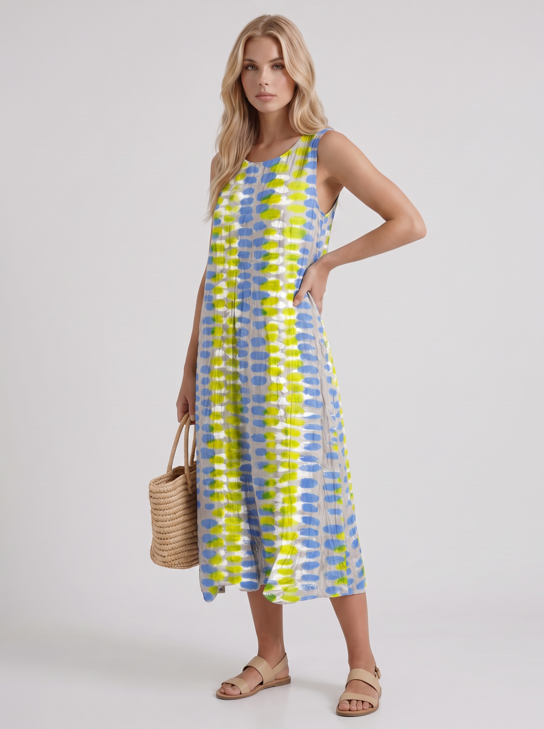 Women multicolor printed midi dress with round neckline and all over print