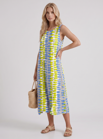 Women multicolor printed midi dress with round neckline and all over print