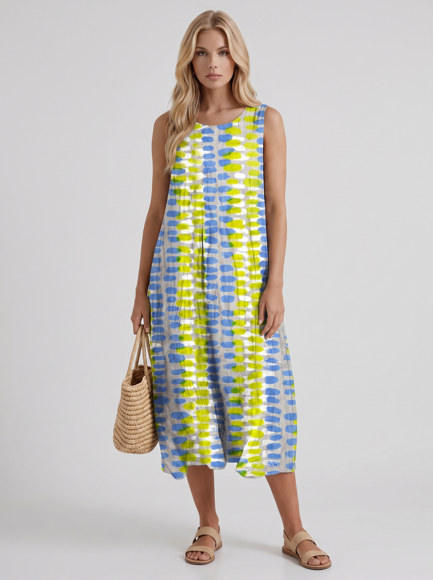 Women multicolor printed midi dress with round neckline and all over print
