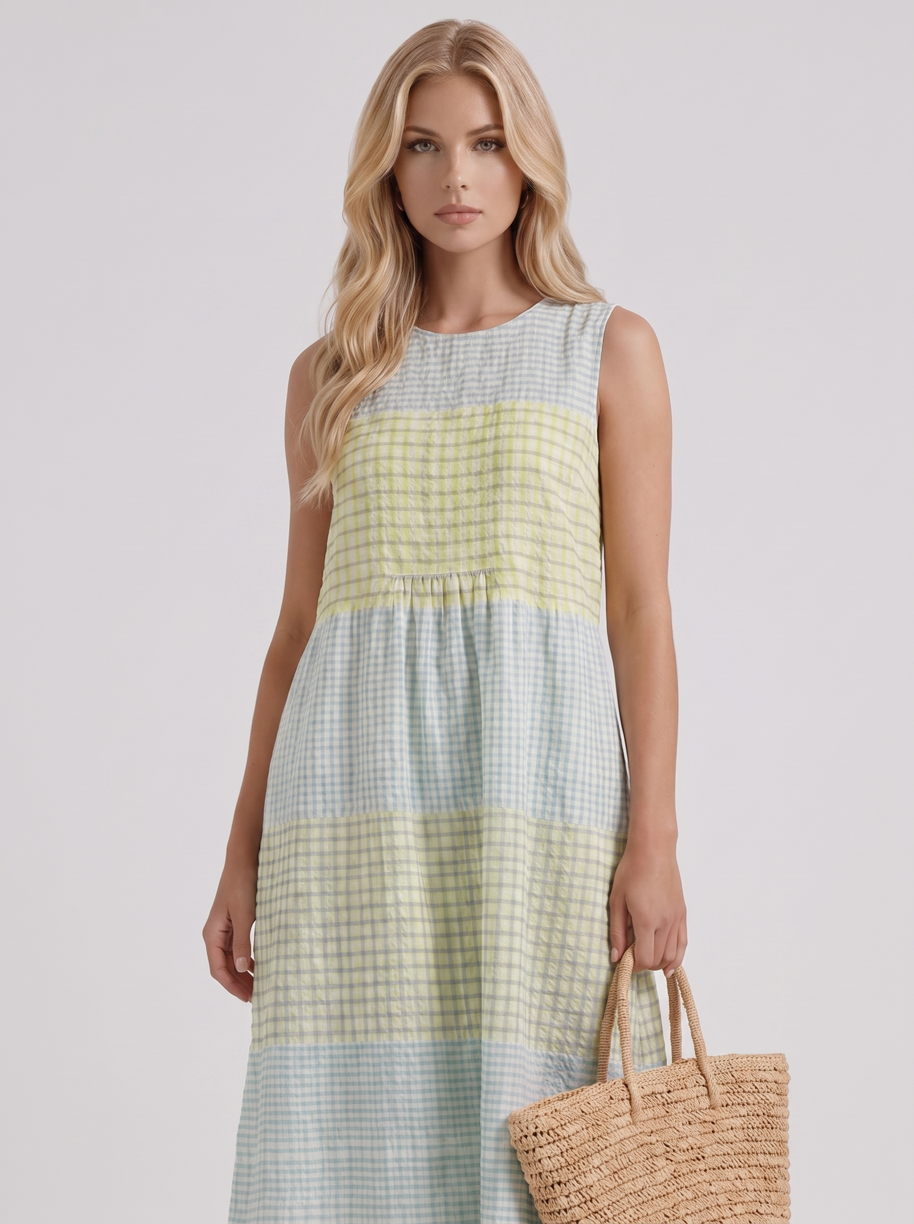 Women yellow gingham printed midi dress with round neckline and all over print