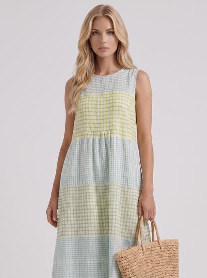 Women yellow gingham printed midi dress with round neckline and all over print