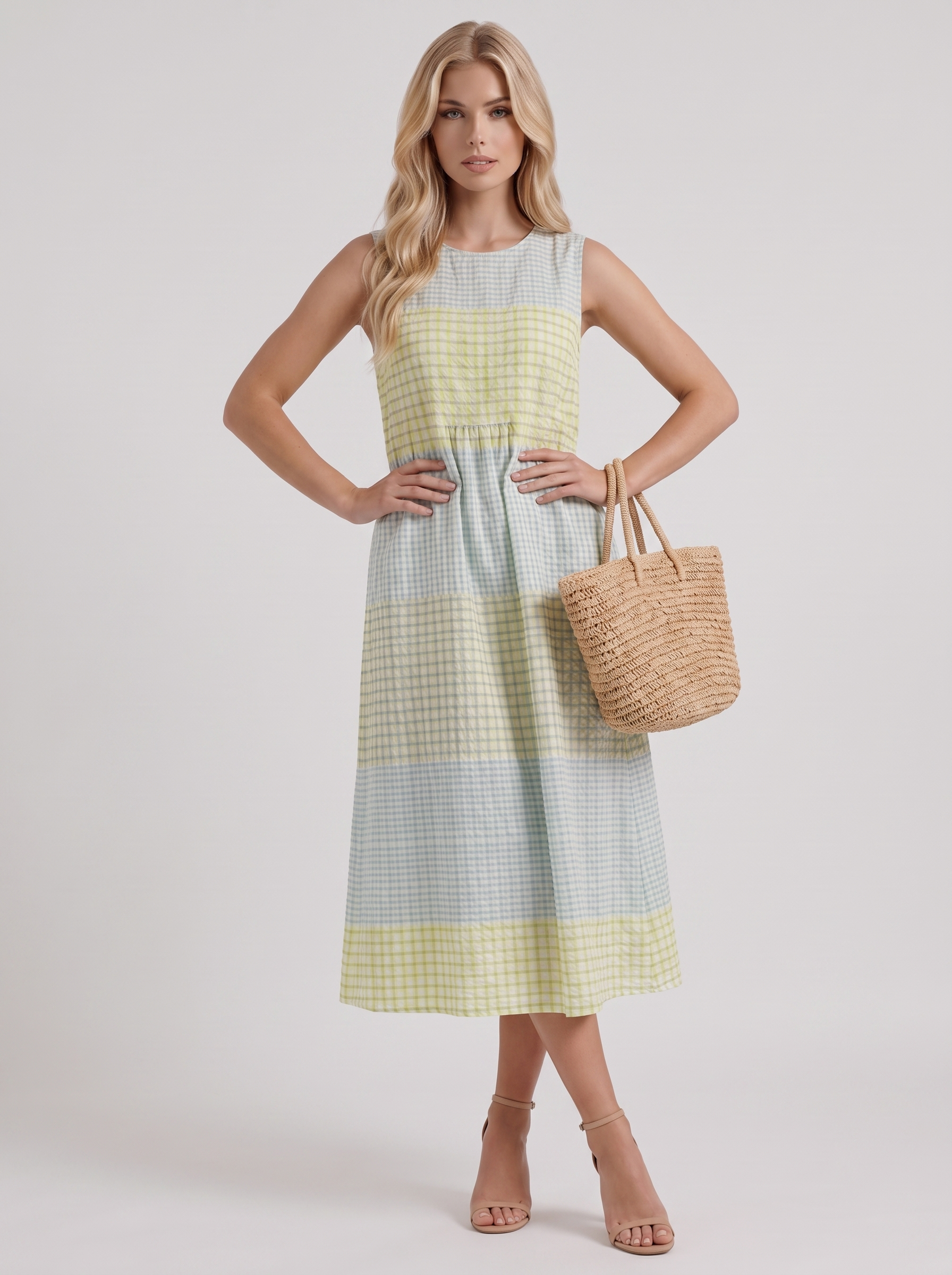 Women yellow gingham printed midi dress with round neckline and all over print