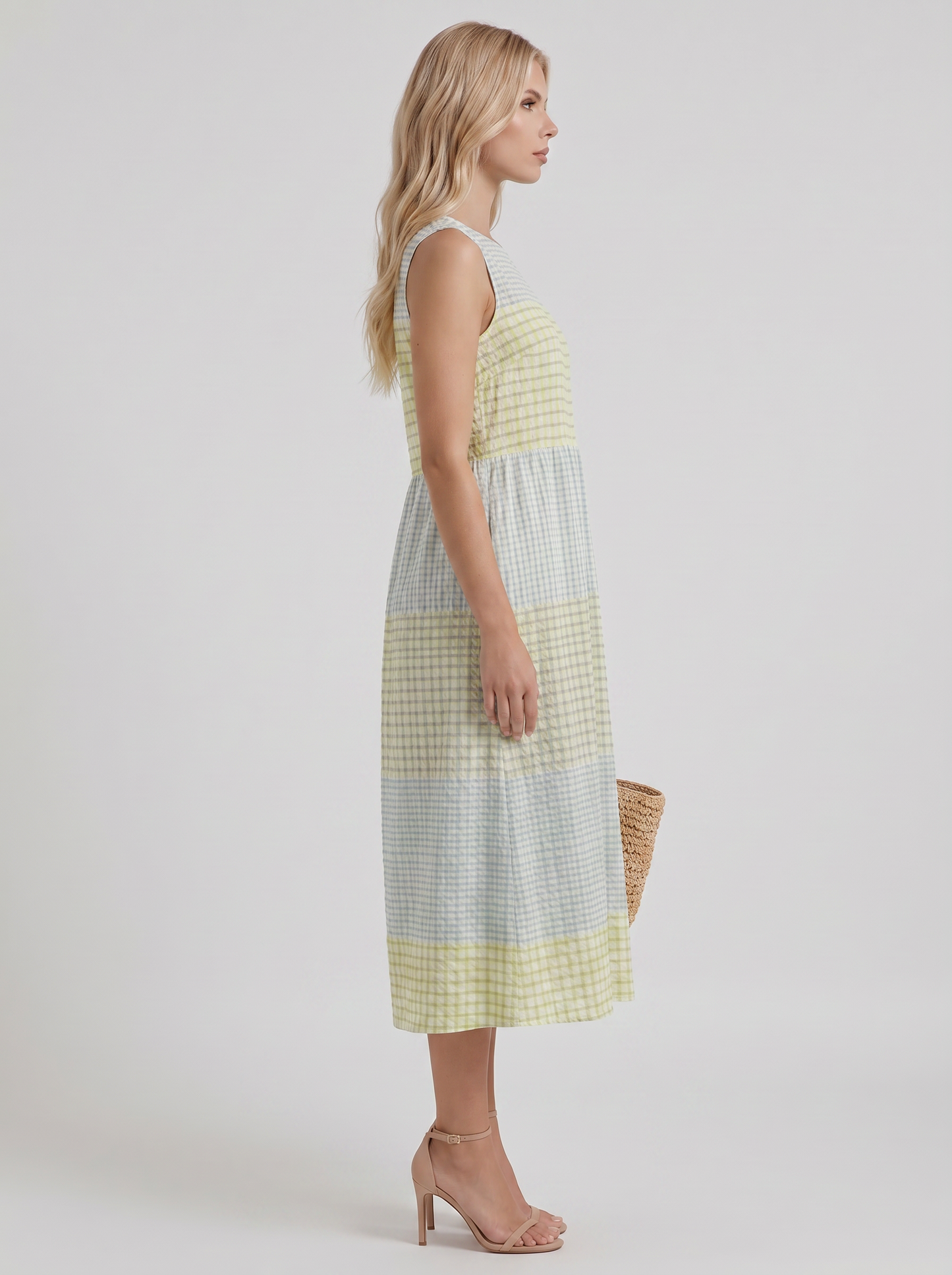 Women yellow gingham printed midi dress with round neckline and all over print
