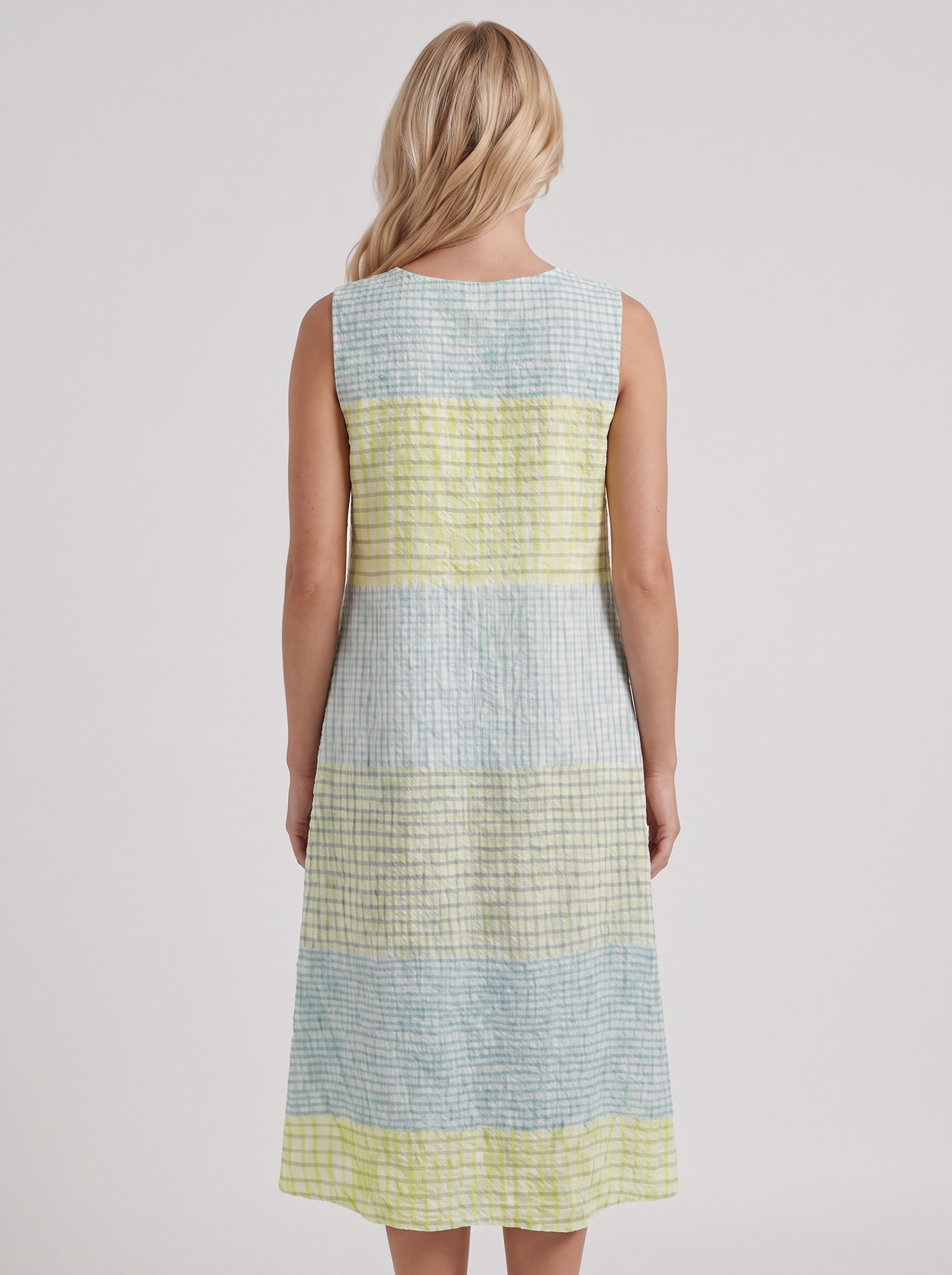 Women yellow gingham printed midi dress with round neckline and all over print