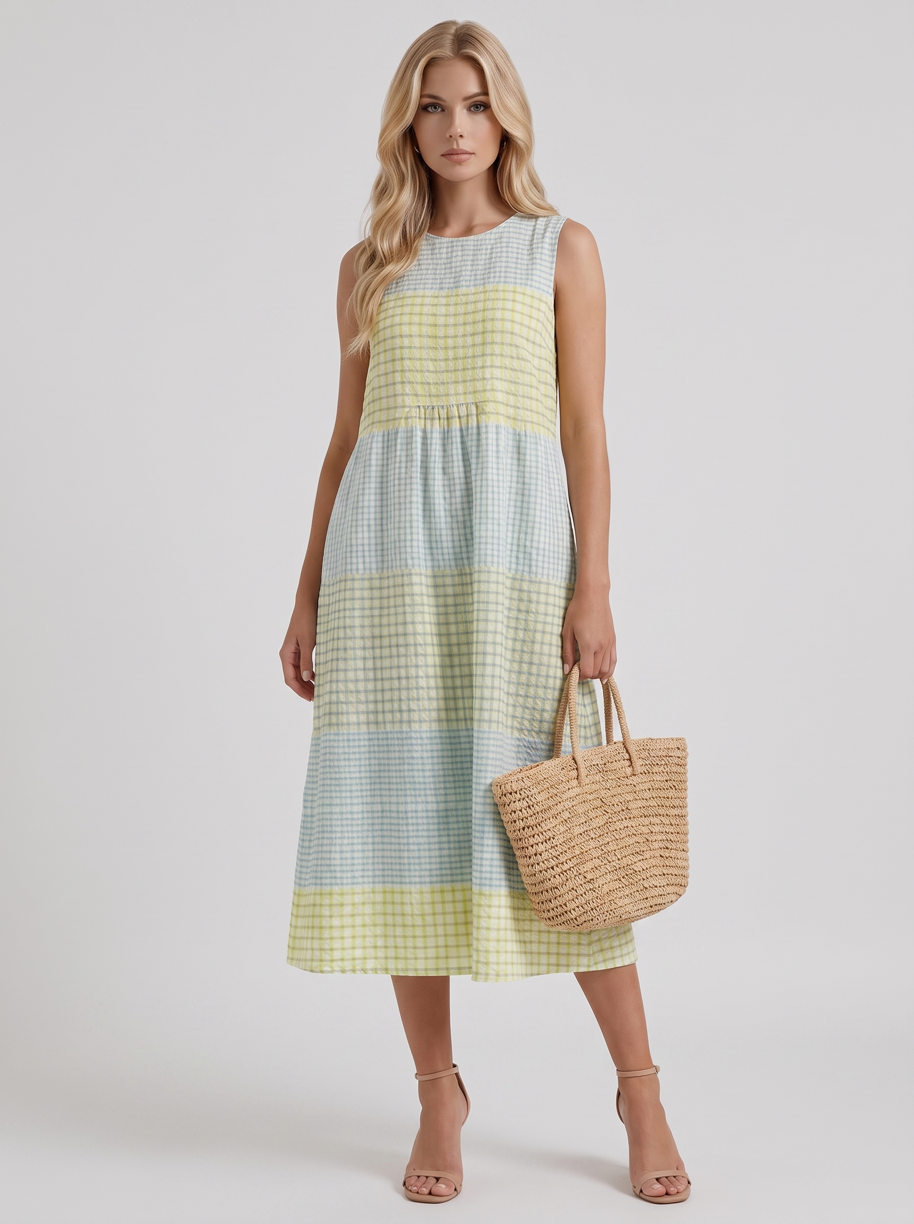 Women yellow gingham printed midi dress with round neckline and all over print