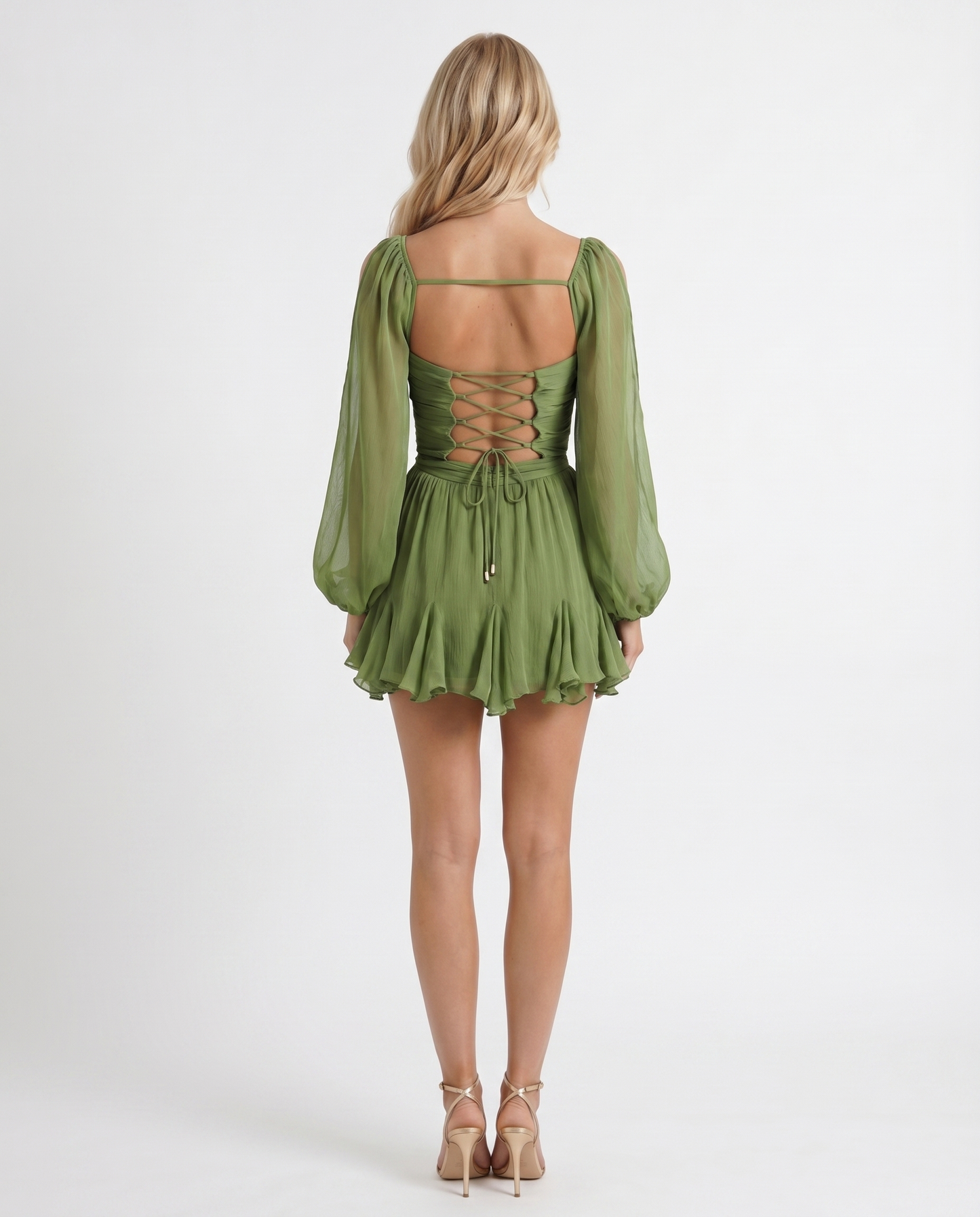 Women green ruffle mini dress with wrap bodice and tiered skirt, back view