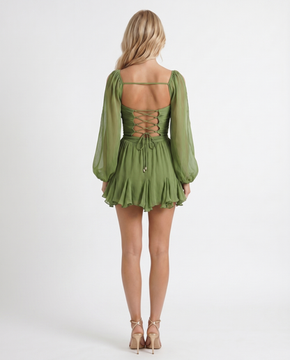 Women green ruffle mini dress with wrap bodice and tiered skirt, back view