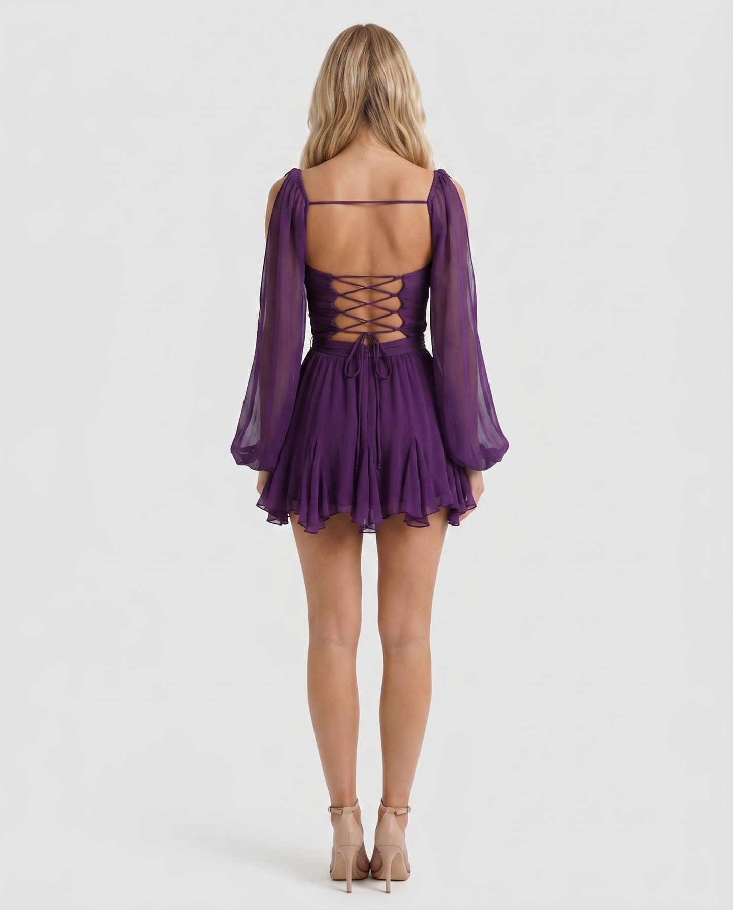 Women purple ruffle mini dress with wrap bodice and tiered skirt, back view