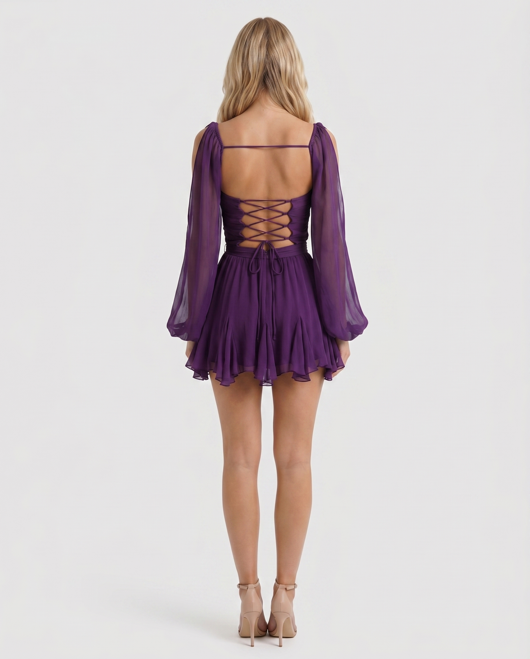 Women purple ruffle mini dress with wrap bodice and tiered skirt, back view