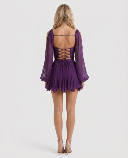 Women purple ruffle mini dress with wrap bodice and tiered skirt, back view