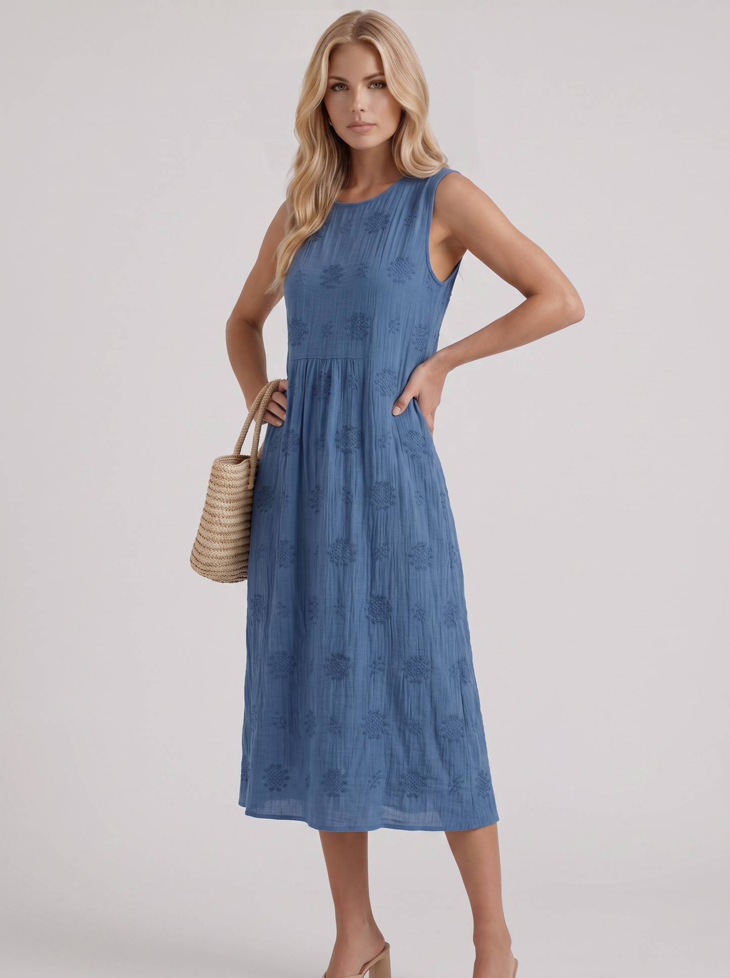 Women blue embroidered midi dress with round neckline and embroidered detail