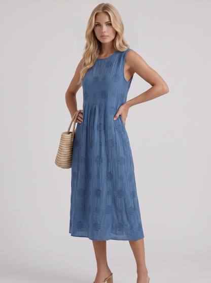 Women blue embroidered midi dress with round neckline and embroidered detail