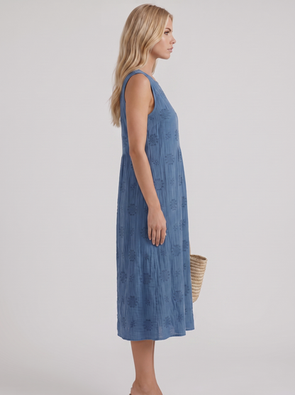 Women blue embroidered midi dress with round neckline and embroidered detail