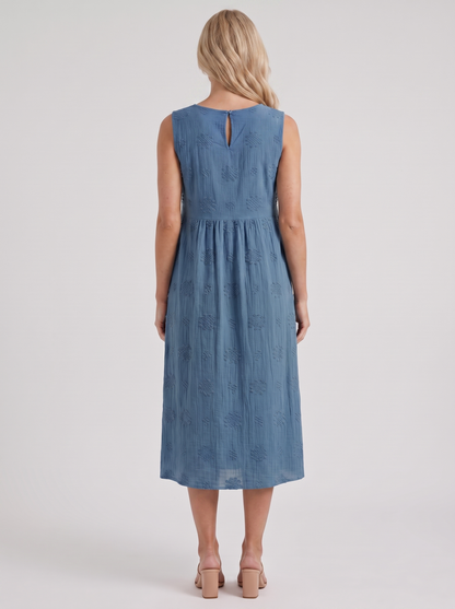 Women blue embroidered midi dress with round neckline and embroidered detail