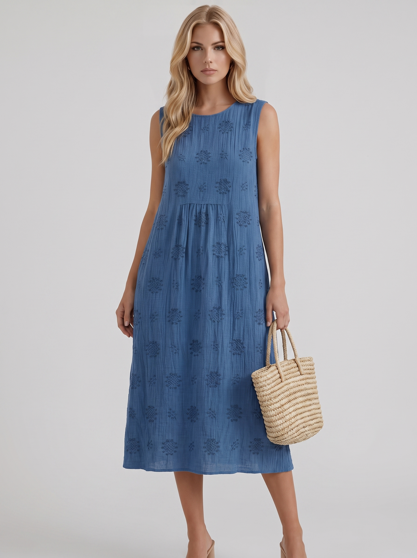 Women blue embroidered midi dress with round neckline and embroidered detail