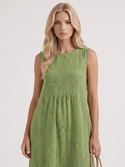 Women green embroidered midi dress with round neckline and embroidered detail