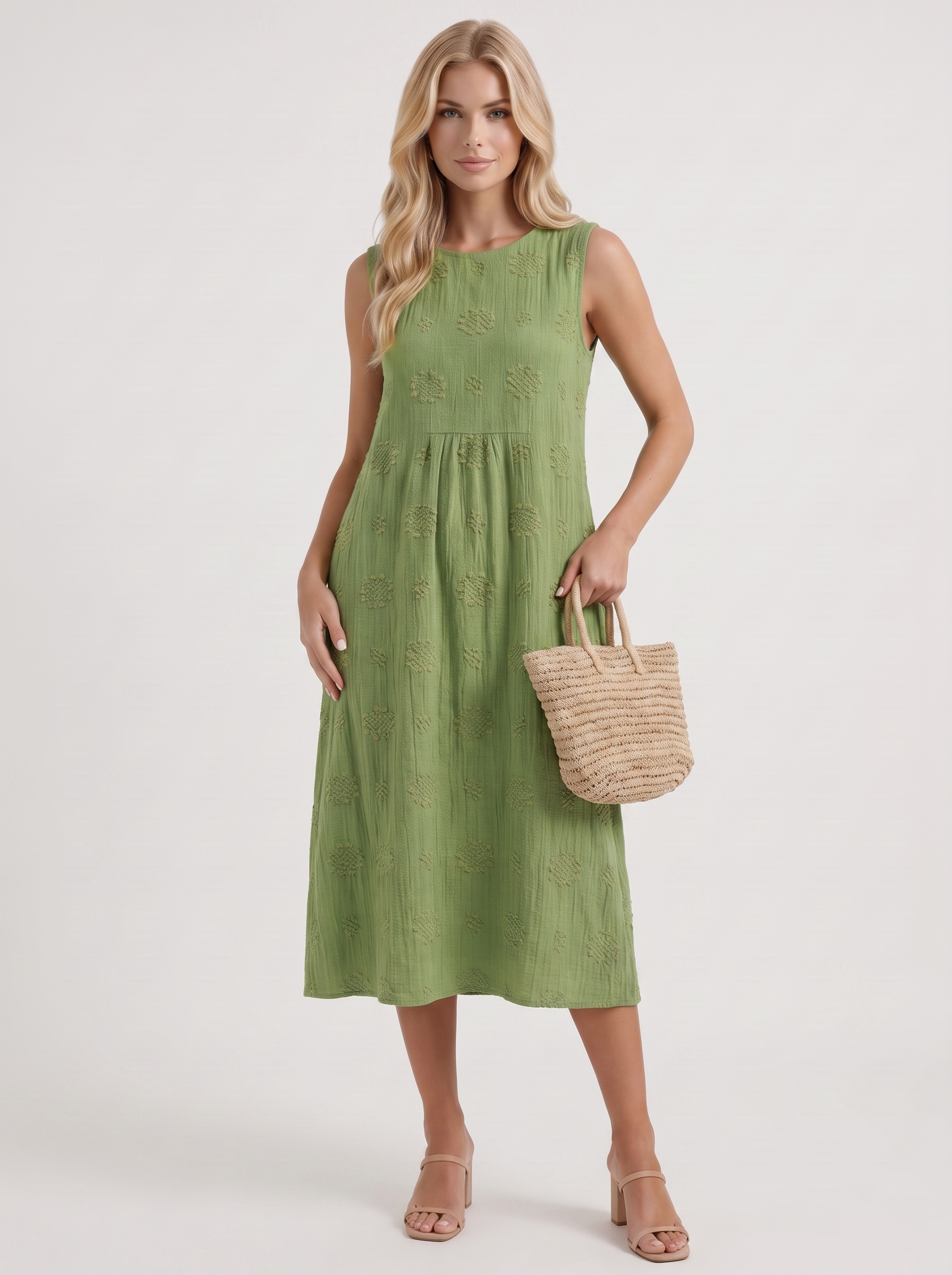 Women green embroidered midi dress with round neckline and embroidered detail
