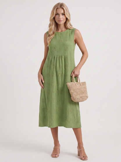 Women green embroidered midi dress with round neckline and embroidered detail