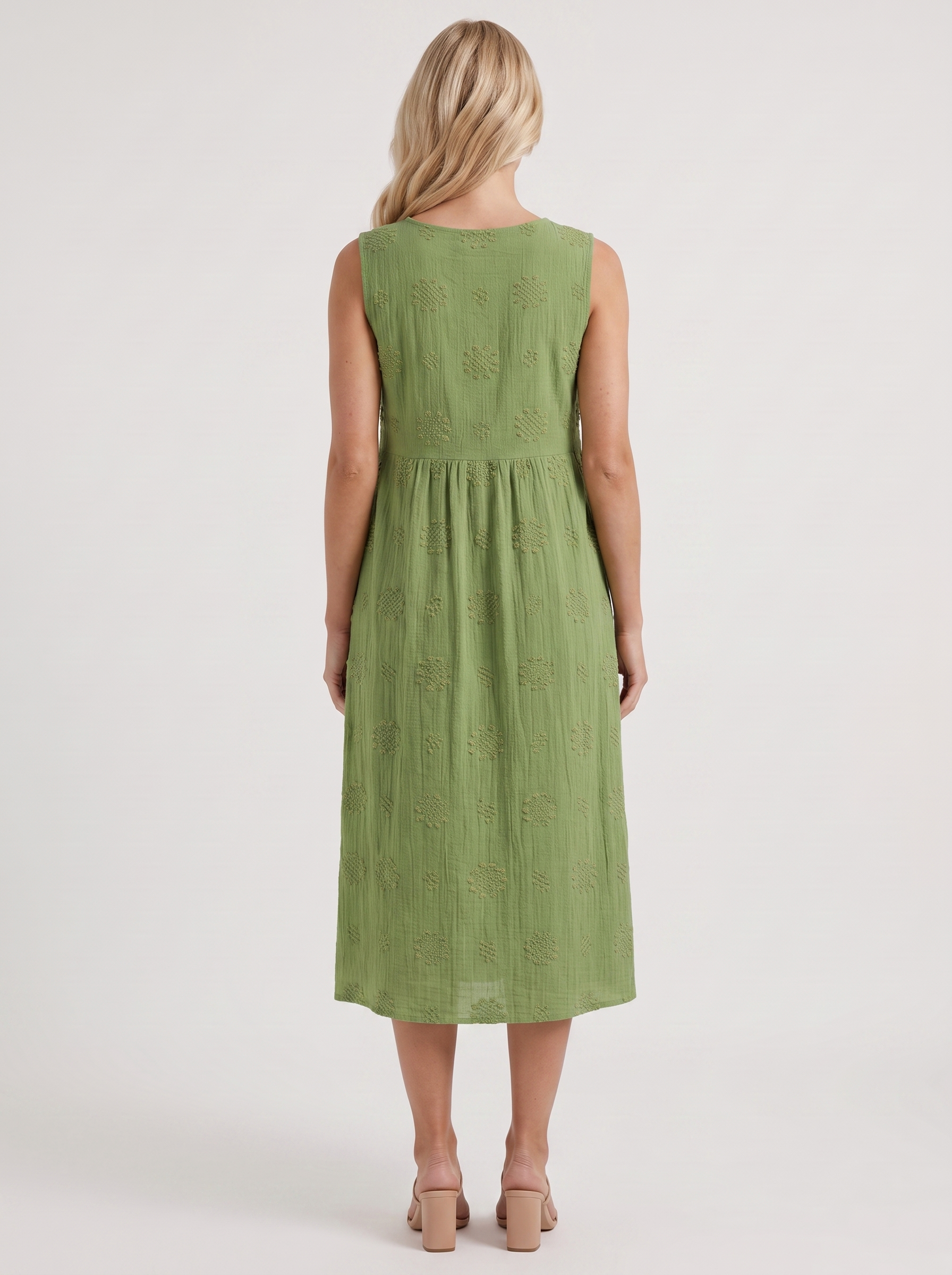 Women green embroidered midi dress with round neckline and embroidered detail