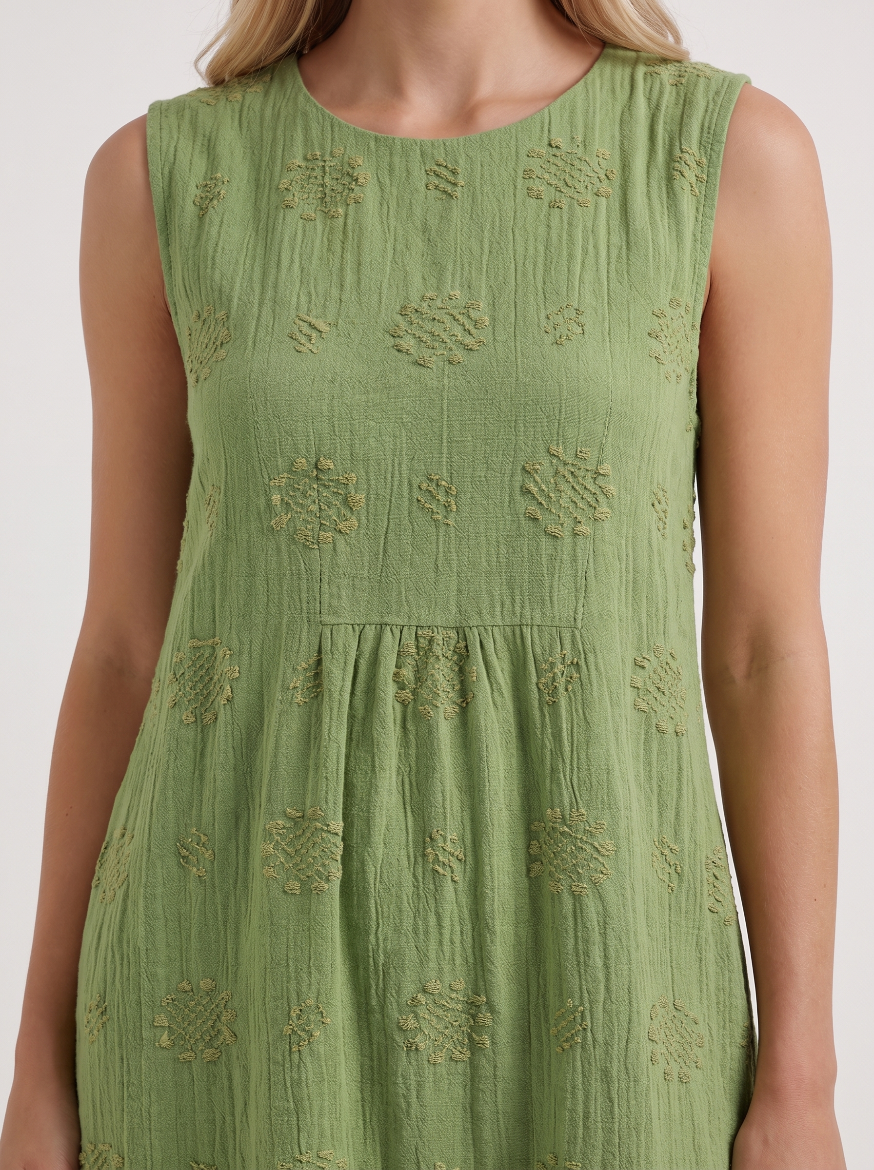 Women green embroidered midi dress with round neckline and embroidered detail