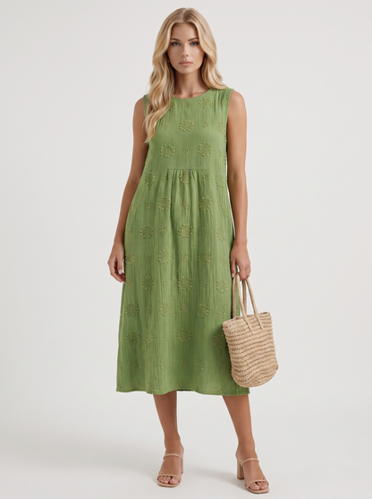 Women green embroidered midi dress with round neckline and embroidered detail
