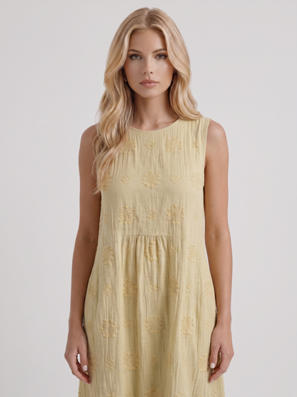 Women light yellow embroidered midi dress with round neckline and embroidered detail