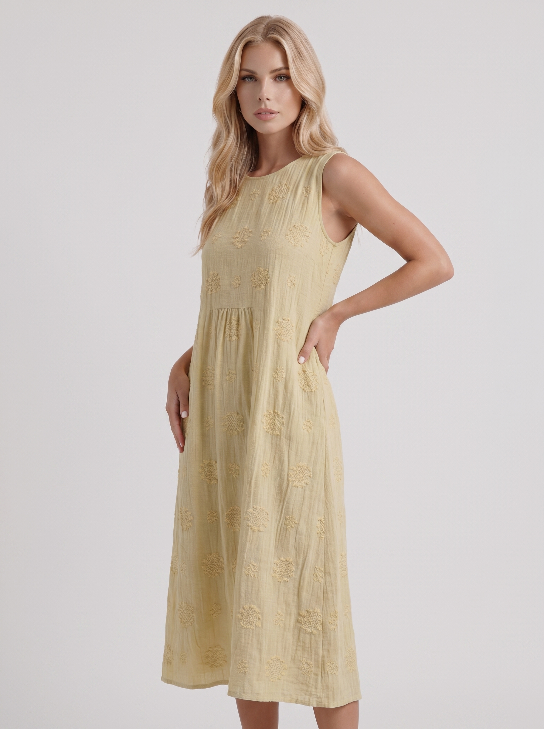 Women light yellow embroidered midi dress with round neckline and embroidered detail