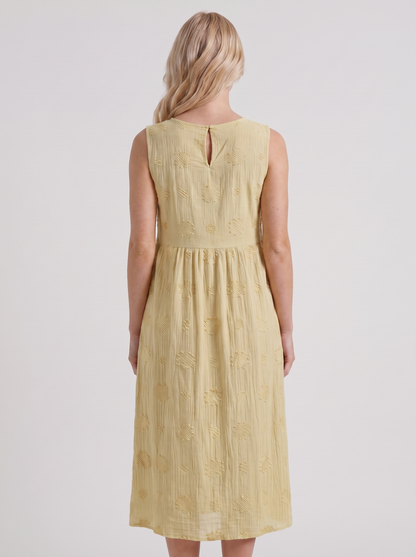 Women light yellow embroidered midi dress with round neckline and embroidered detail