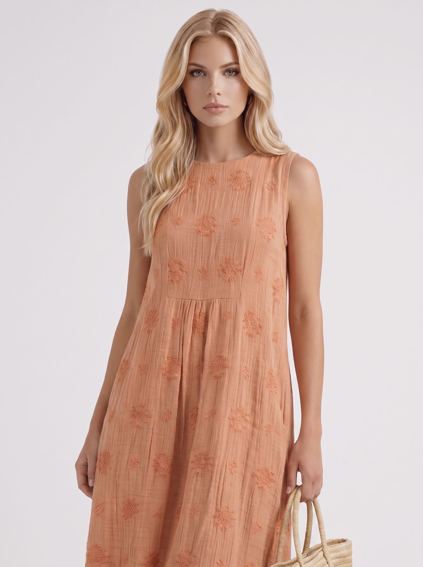 Women orange embroidered midi dress with round neckline and embroidered detail