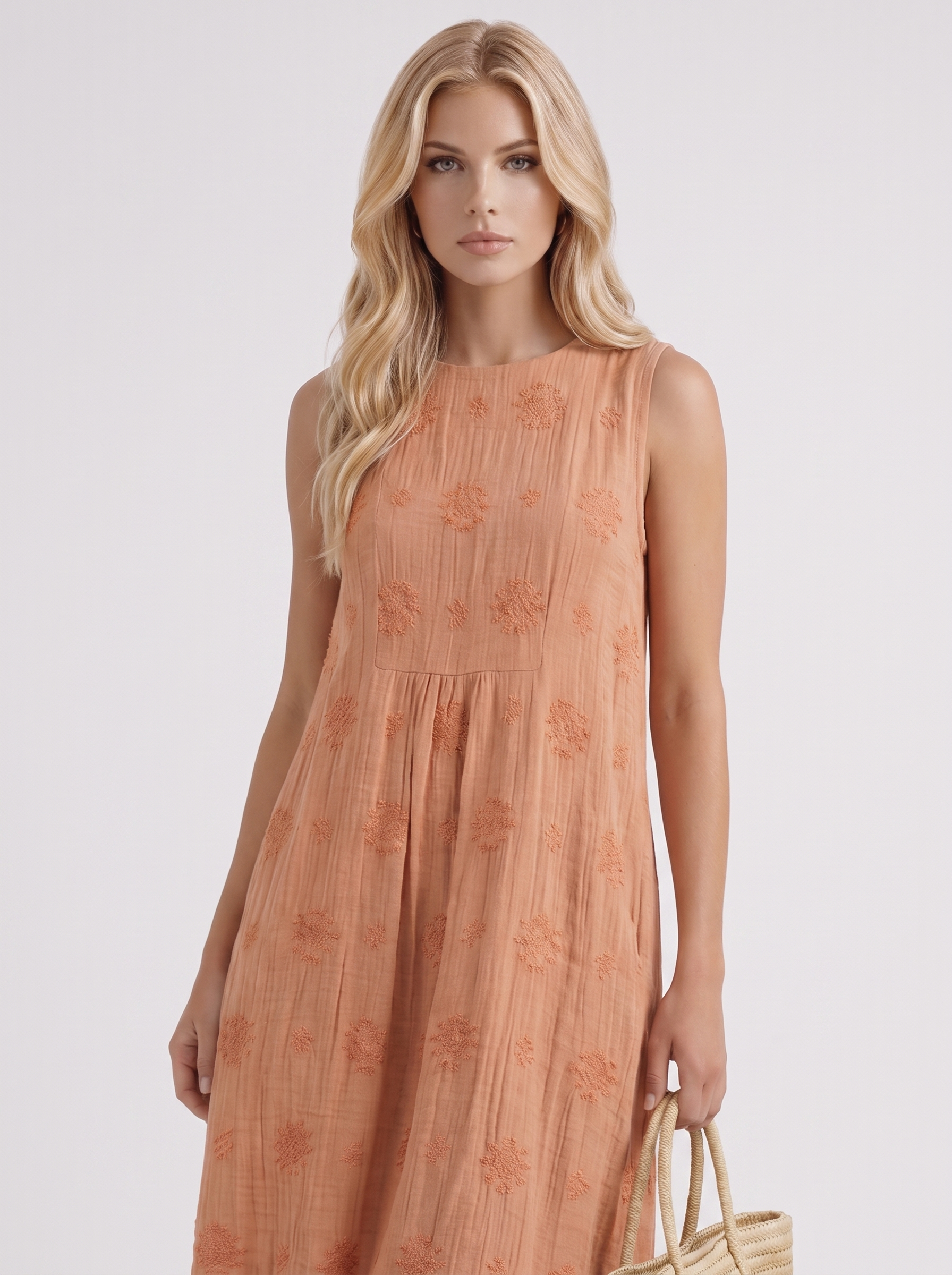 Women orange embroidered midi dress with round neckline and embroidered detail
