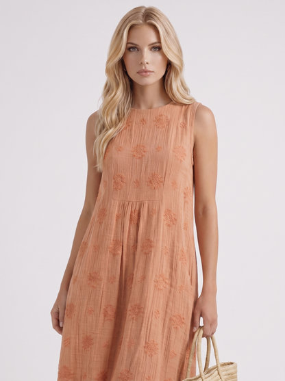 Women orange embroidered midi dress with round neckline and embroidered detail