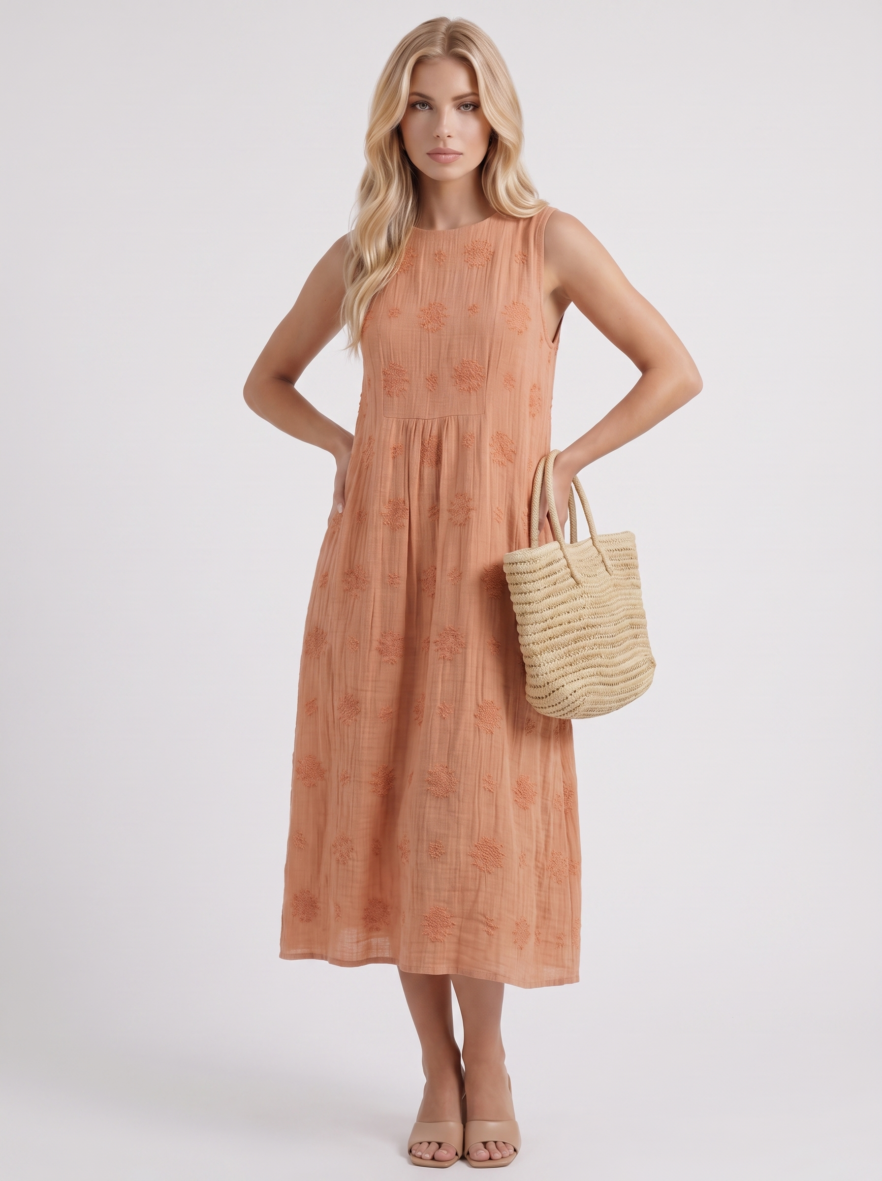 Women orange embroidered midi dress with round neckline and embroidered detail