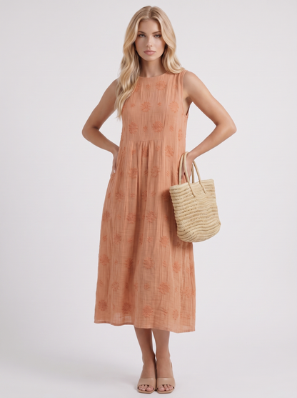 Women orange embroidered midi dress with round neckline and embroidered detail