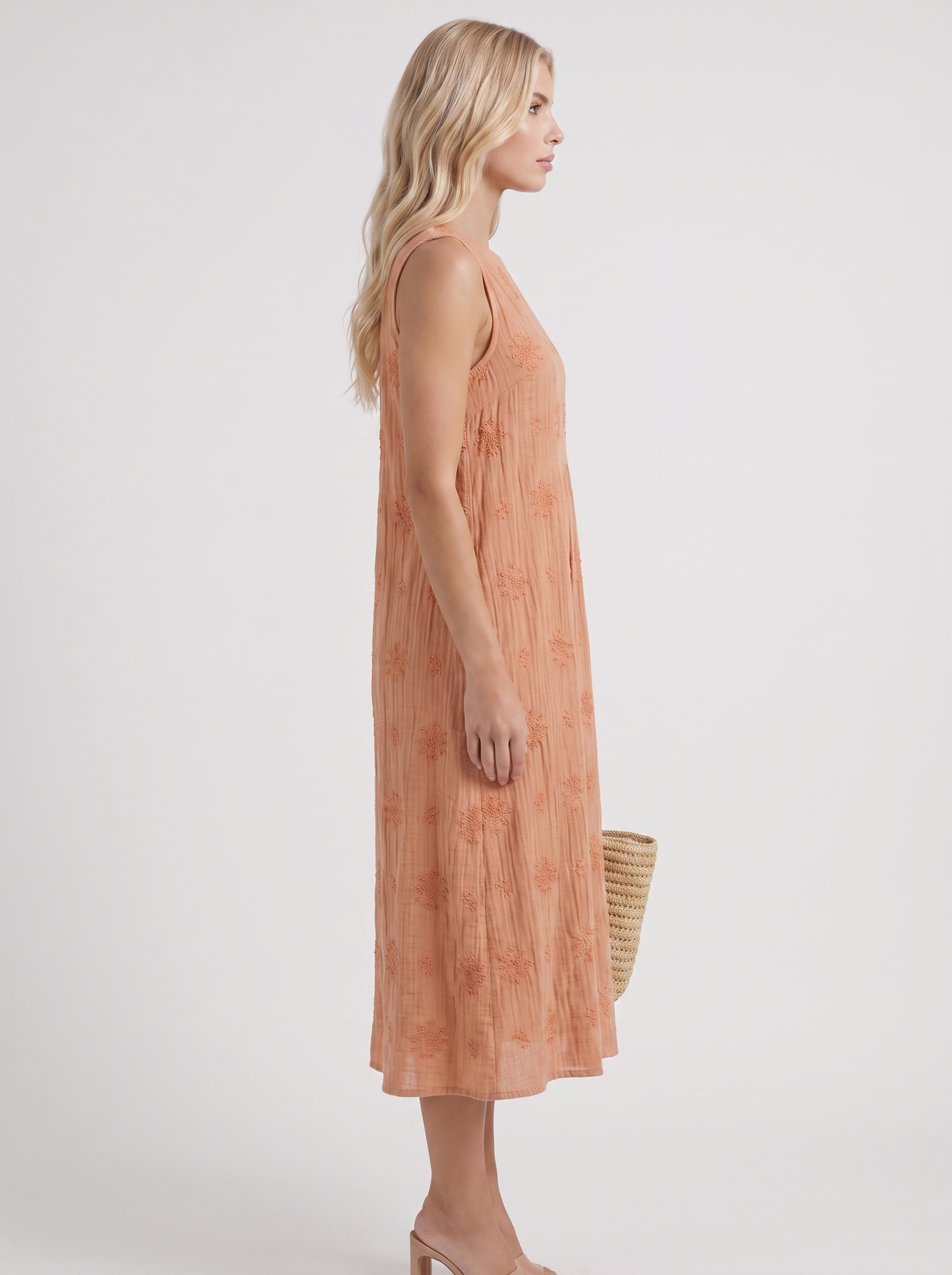 Women orange embroidered midi dress with round neckline and embroidered detail