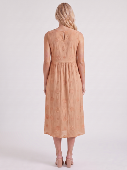 Women orange embroidered midi dress with round neckline and embroidered detail