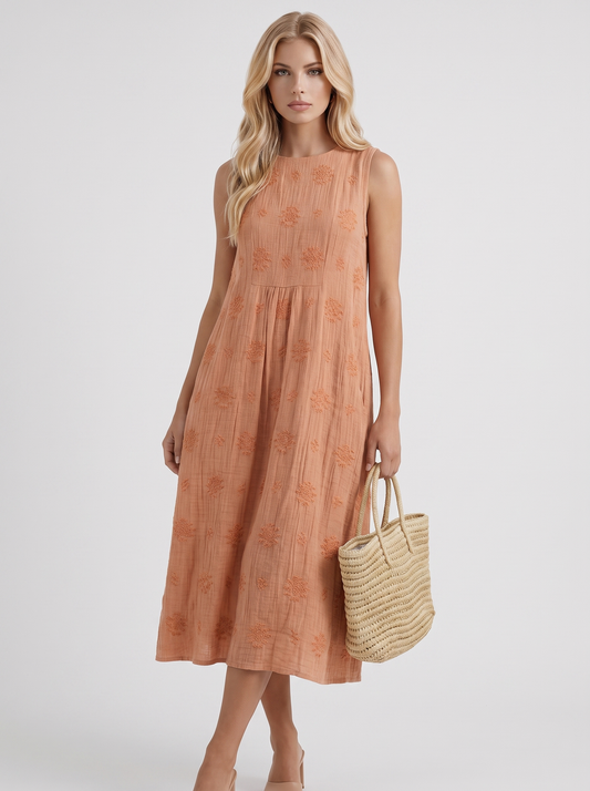 Women orange embroidered midi dress with round neckline and embroidered detail
